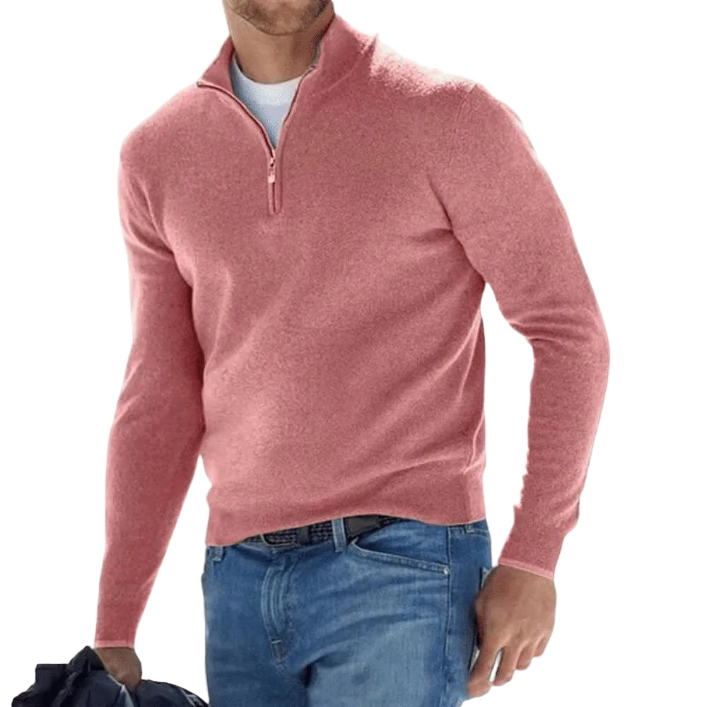 Men's long-sleeve quarter-zip knit jumper with mock neck and ribbed trims