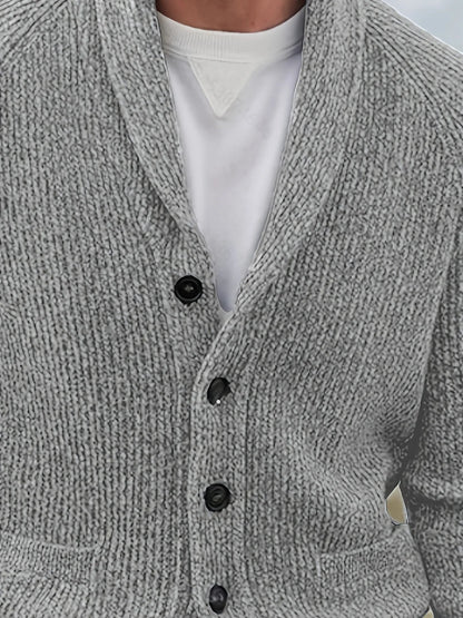 Men's textured knit cardigan with shawl collar, buttons and front pockets