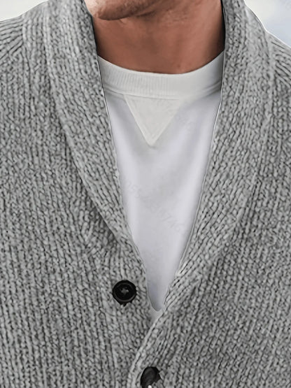 Men's textured knit cardigan with shawl collar, buttons and front pockets