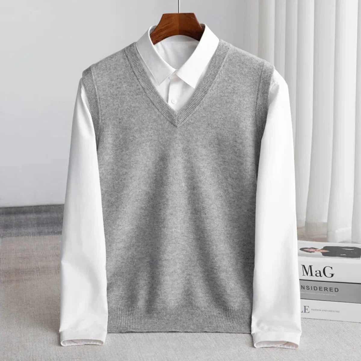 Men's plain knit V-neck sweater vest with sleeveless cut and ribbed trims