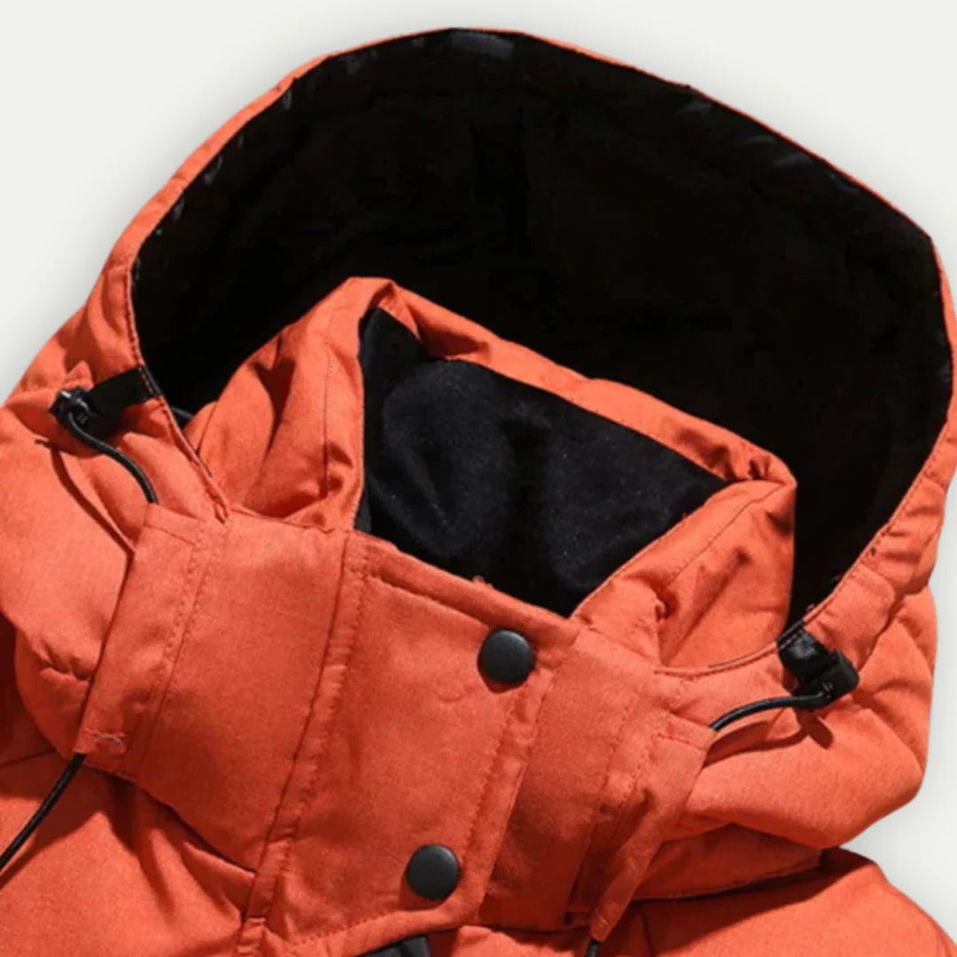 Men's hooded quilted padded jacket with zipped front and multiple pockets