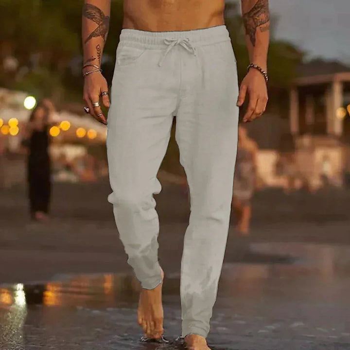 Men's Linen Beach Trousers, Relaxed Fit Elastic Waist Lightweight Summer Pants