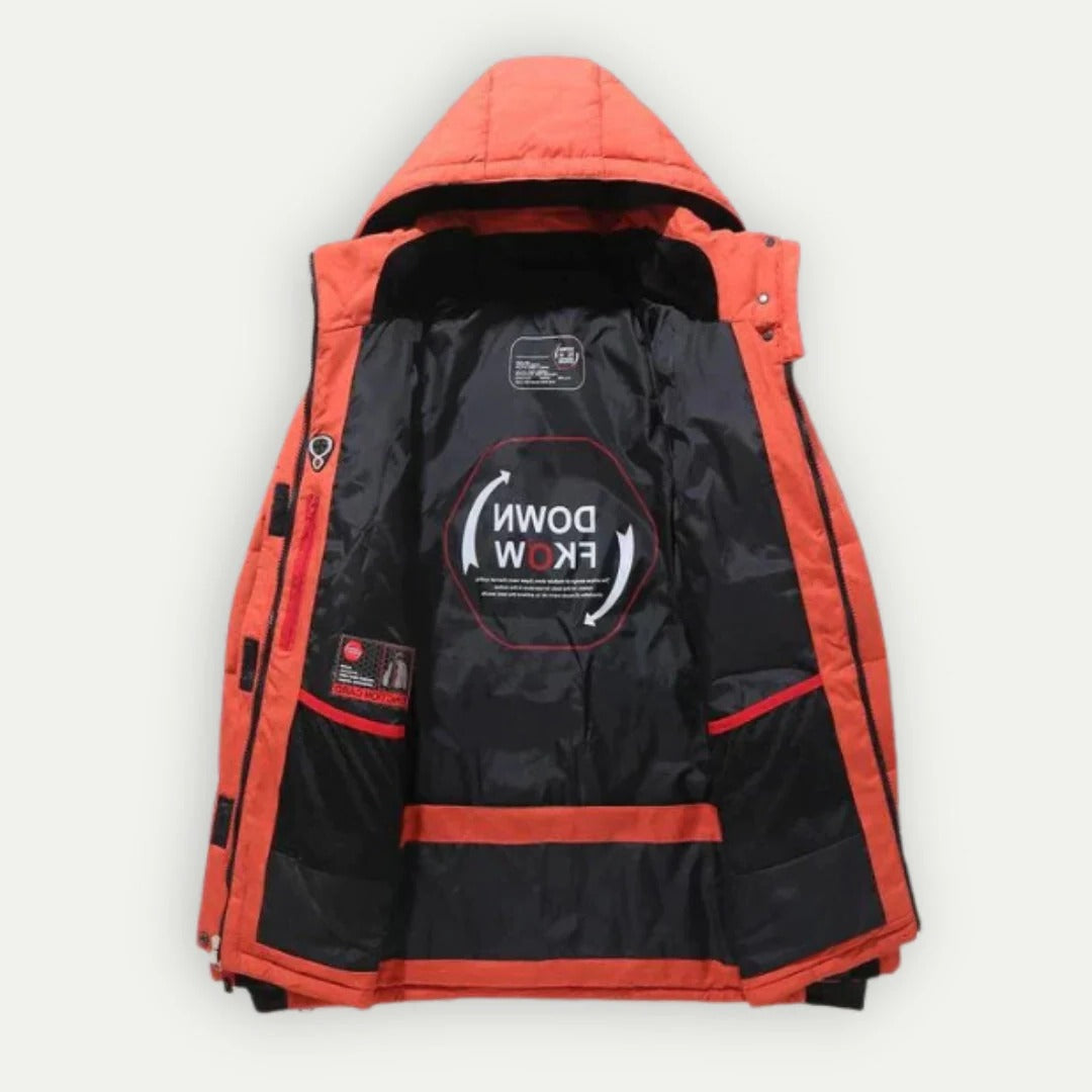Men's hooded quilted padded jacket with zipped front and multiple pockets