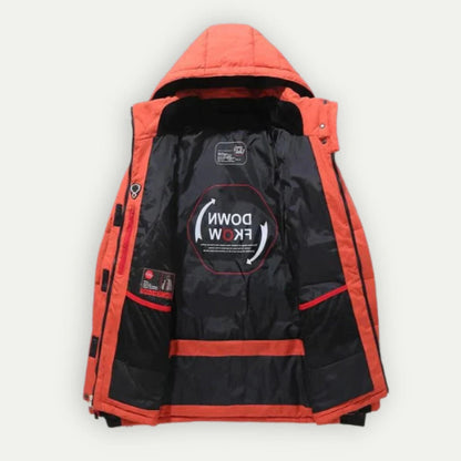 Men's hooded quilted padded jacket with zipped front and multiple pockets