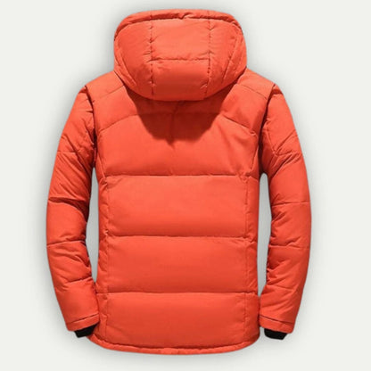 Men's hooded quilted padded jacket with zipped front and multiple pockets