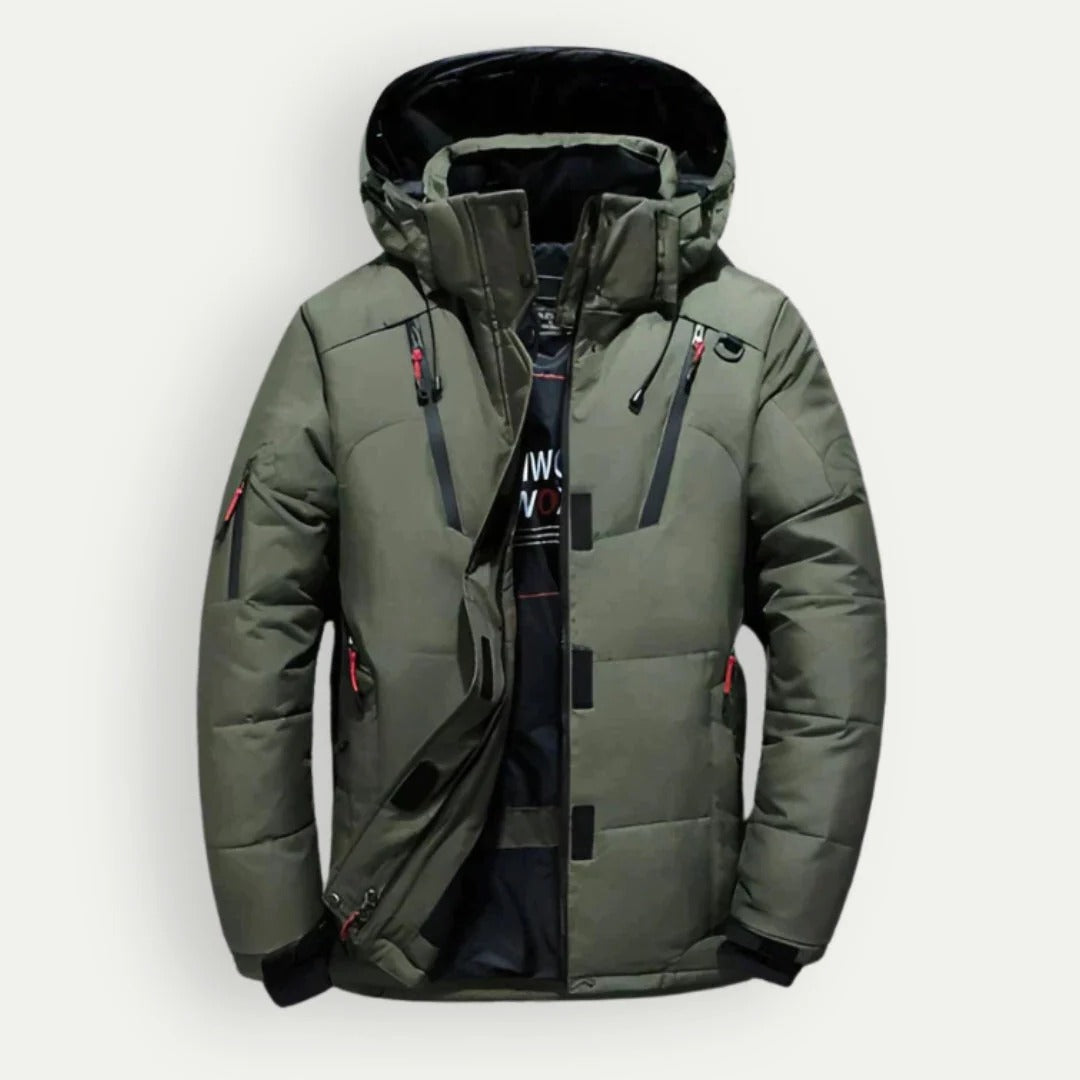 Men's hooded quilted padded jacket with zipped front and multiple pockets
