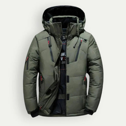 Men's hooded quilted padded jacket with zipped front and multiple pockets