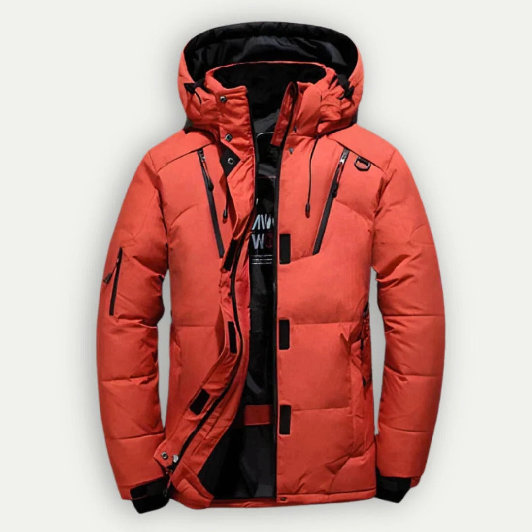 Men's hooded quilted padded jacket with zipped front and multiple pockets