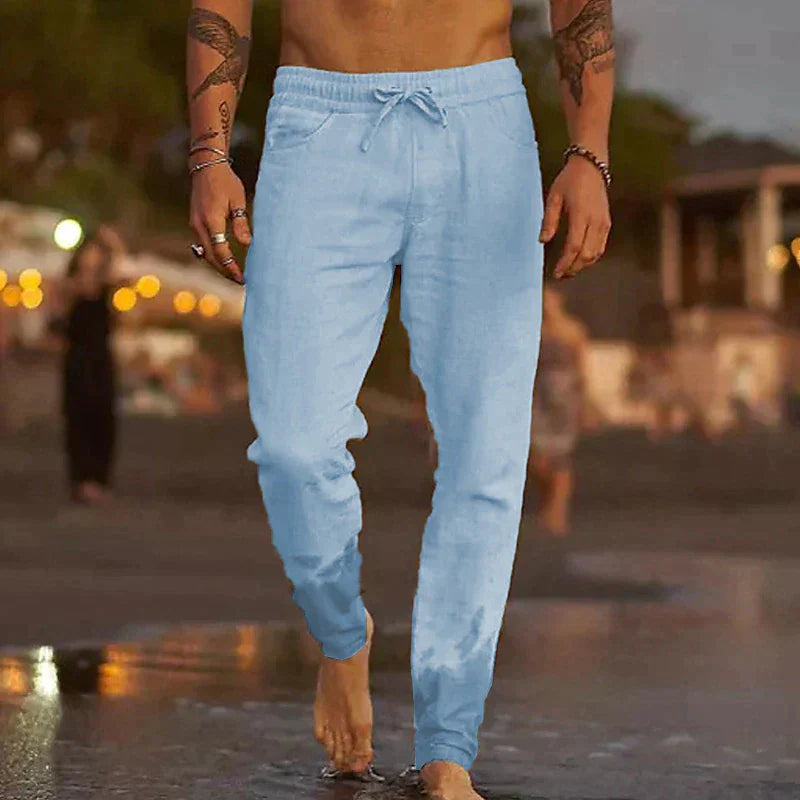 Men's Linen Beach Trousers, Relaxed Fit Elastic Waist Lightweight Summer Pants
