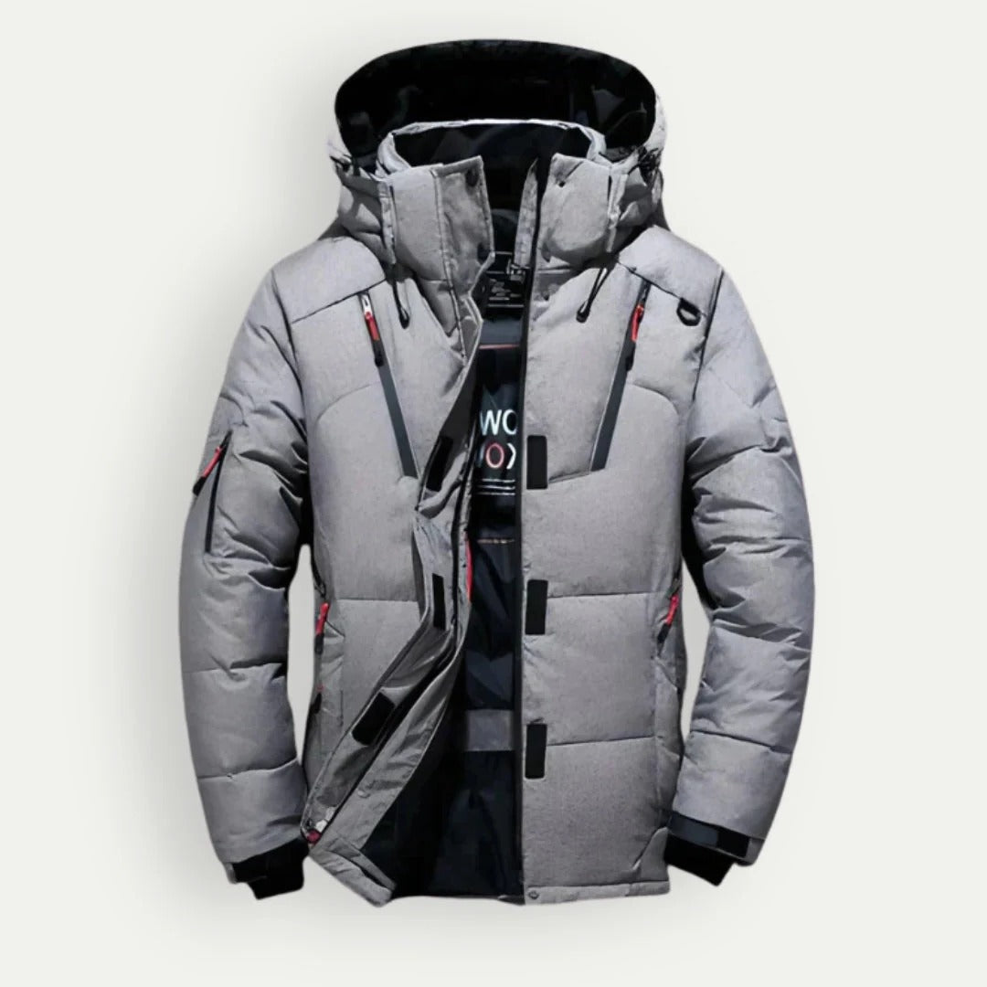 Men's hooded quilted padded jacket with zipped front and multiple pockets