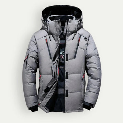 Men's hooded quilted padded jacket with zipped front and multiple pockets