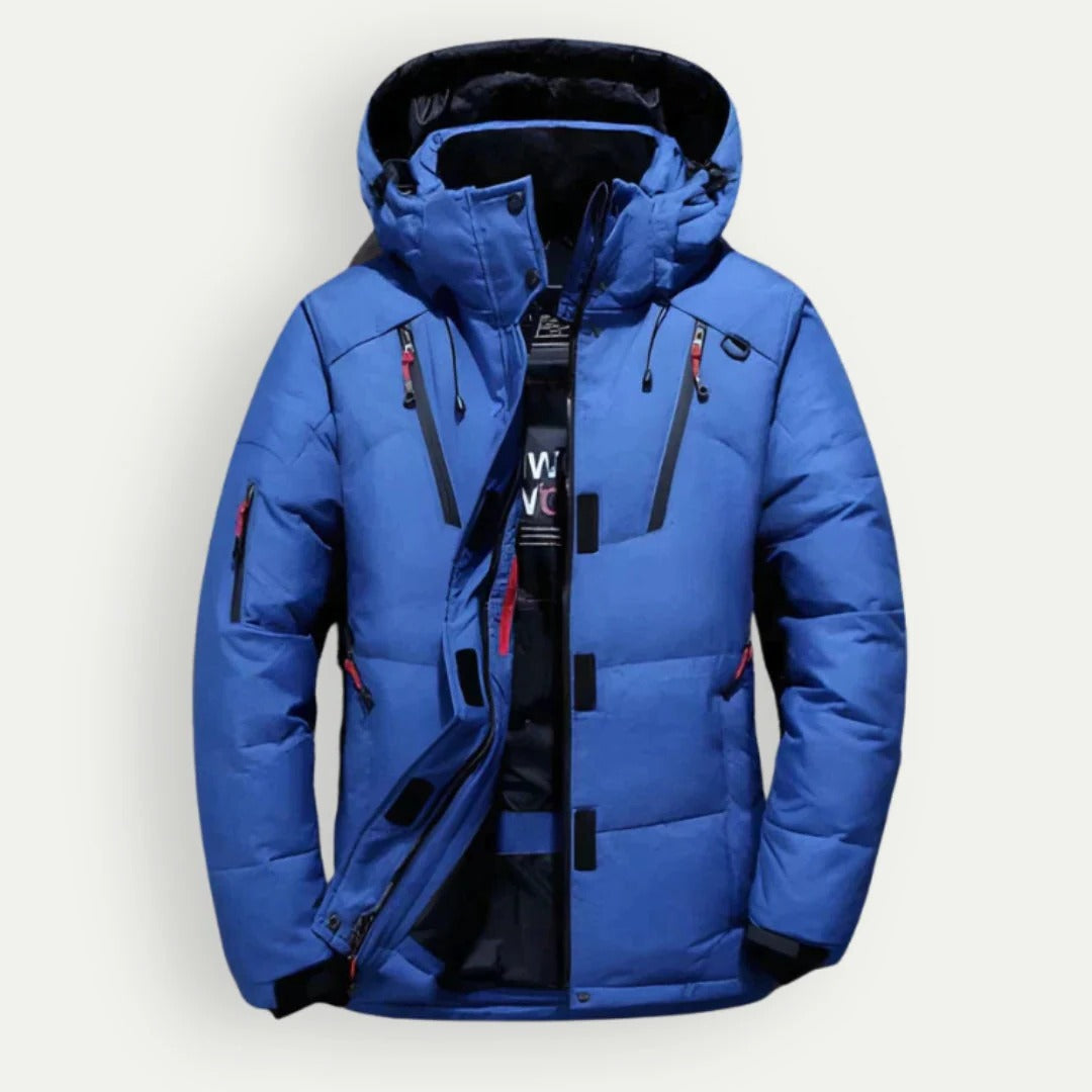 Men's hooded quilted padded jacket with zipped front and multiple pockets
