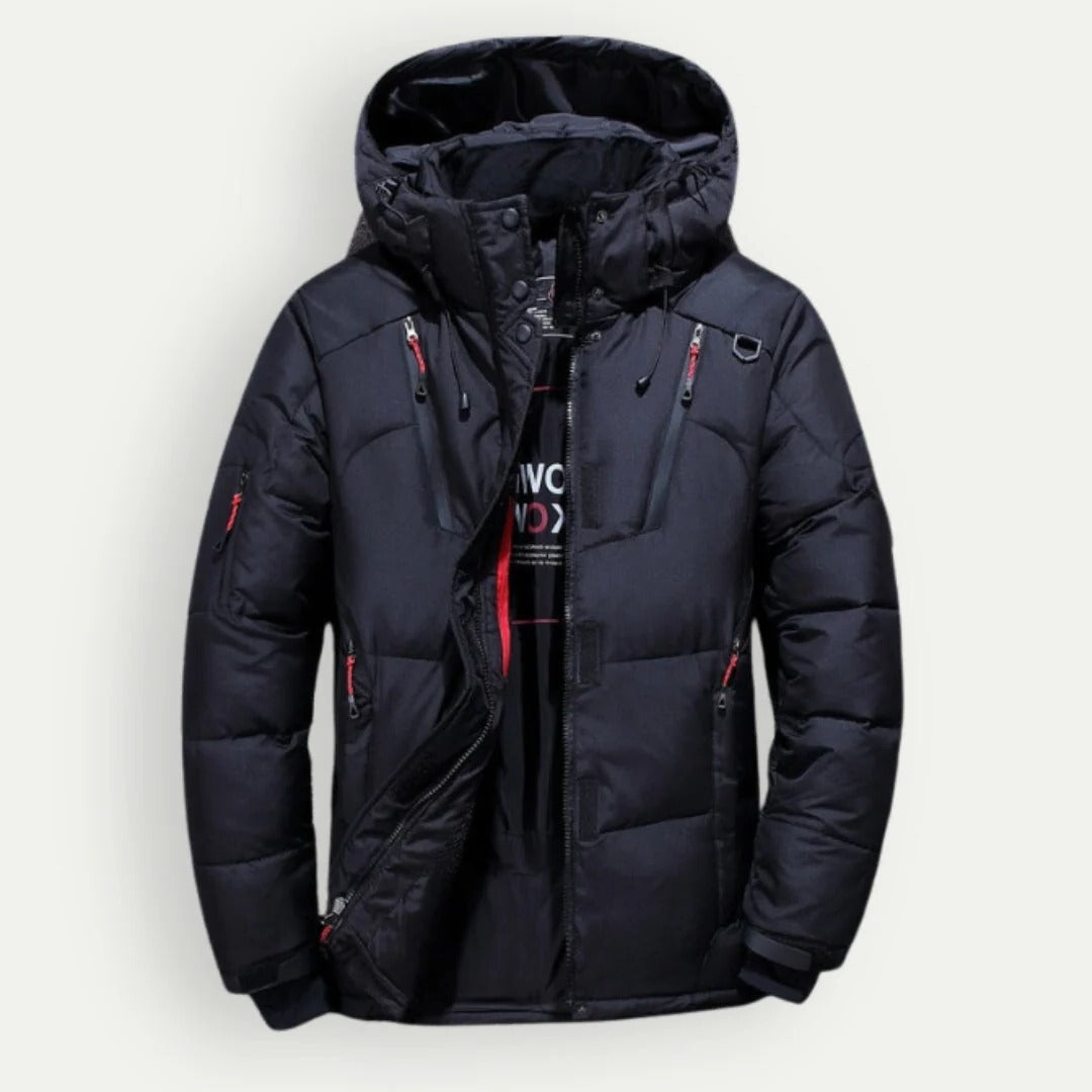 Men's hooded quilted padded jacket with zipped front and multiple pockets