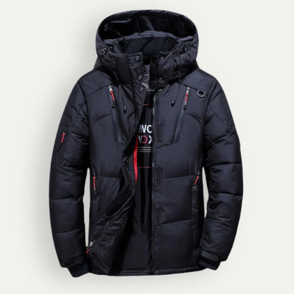 Men's hooded quilted padded jacket with zipped front and multiple pockets
