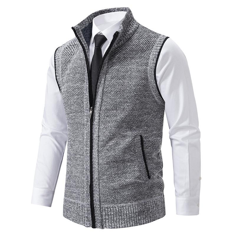 Men's sleeveless textured gilet with stand collar, front zip and angled pockets