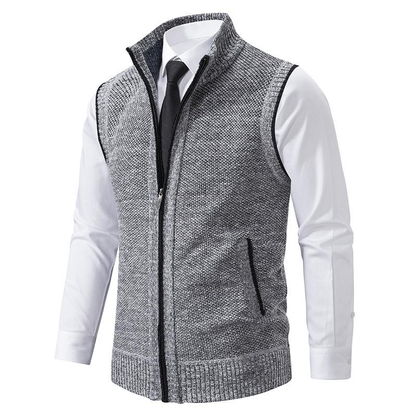 Men's sleeveless textured gilet with stand collar, front zip and angled pockets