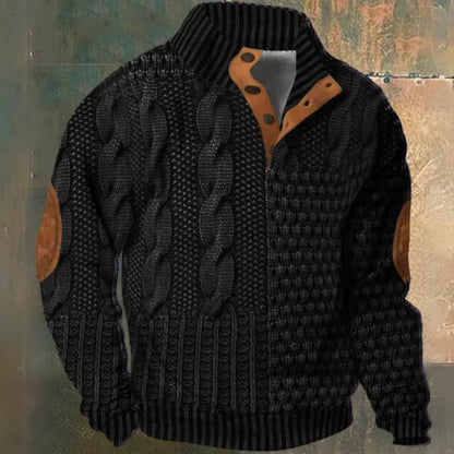 Men's cable knit half-zip pullover sweater with high collar, long sleeves and ribbed trims