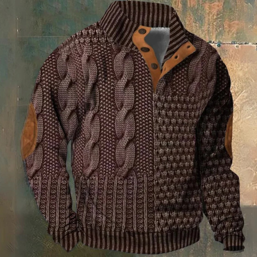 Men's cable knit half-zip pullover sweater with high collar, long sleeves and ribbed trims