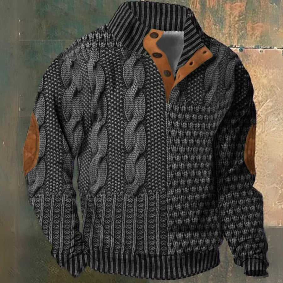 Men's cable knit half-zip pullover sweater with high collar, long sleeves and ribbed trims