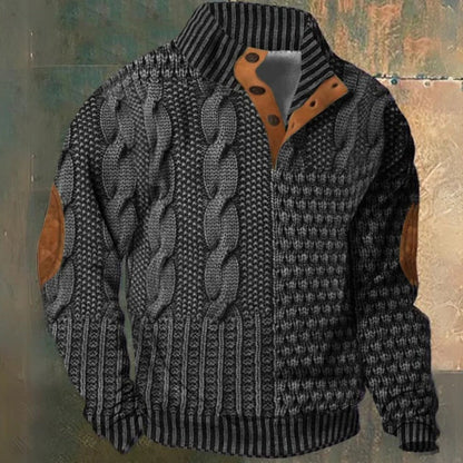 Men's cable knit half-zip pullover sweater with high collar, long sleeves and ribbed trims