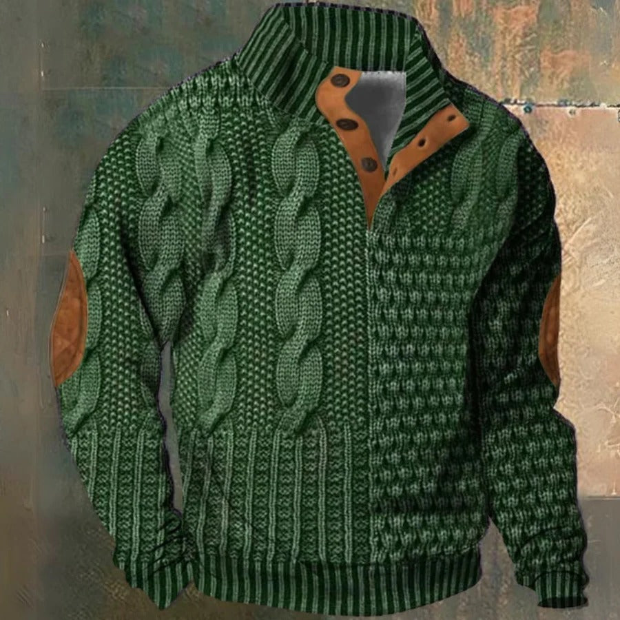 Men's cable knit half-zip pullover sweater with high collar, long sleeves and ribbed trims