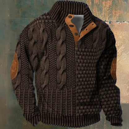 Men's cable knit half-zip pullover sweater with high collar, long sleeves and ribbed trims