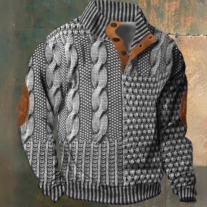 Men's cable knit half-zip pullover sweater with high collar, long sleeves and ribbed trims