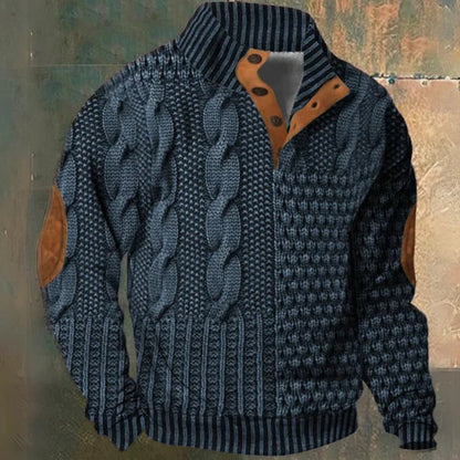 Men's cable knit half-zip pullover sweater with high collar, long sleeves and ribbed trims