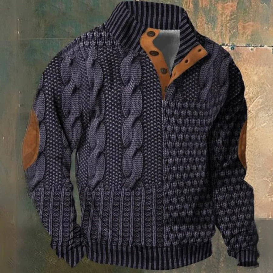 Men's cable knit half-zip pullover sweater with high collar, long sleeves and ribbed trims