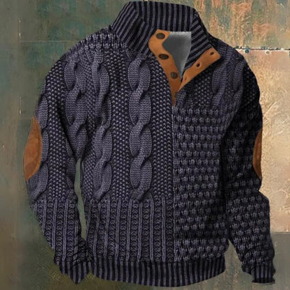 Men's cable knit half-zip pullover sweater with high collar, long sleeves and ribbed trims