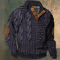 Men's cable knit half-zip pullover sweater with high collar, long sleeves and ribbed trims