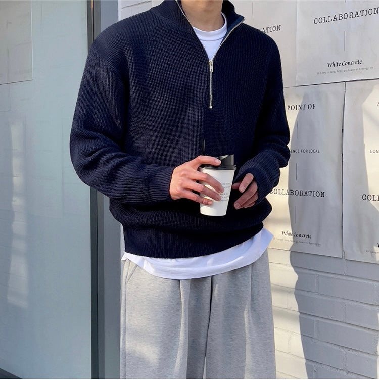 Men's ribbed half-zip sweater with stand collar