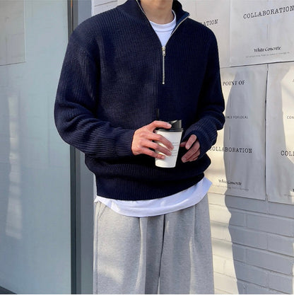 Men's ribbed half-zip sweater with stand collar