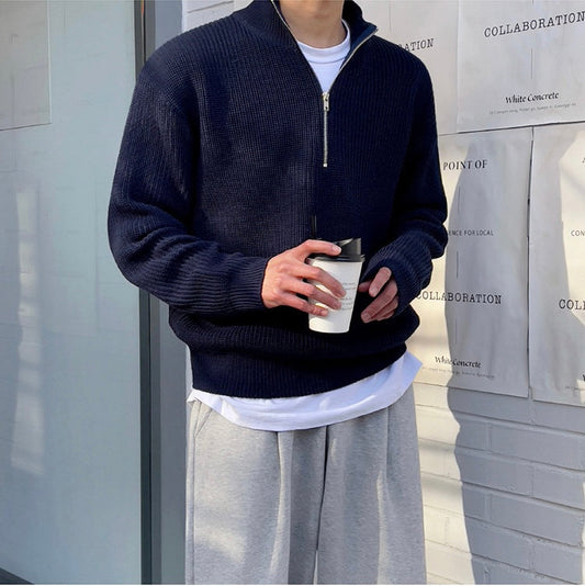 Men's ribbed half-zip sweater with stand collar