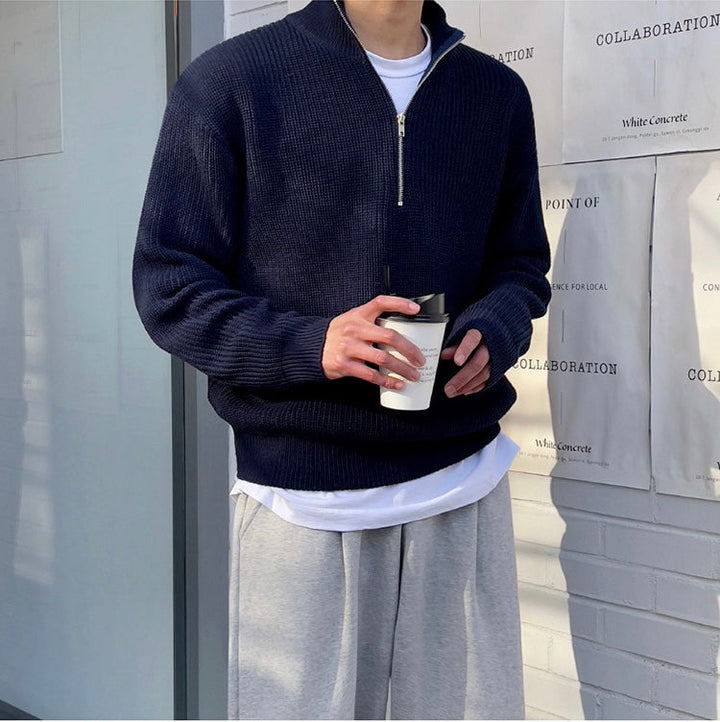 Men's ribbed half-zip sweater with stand collar