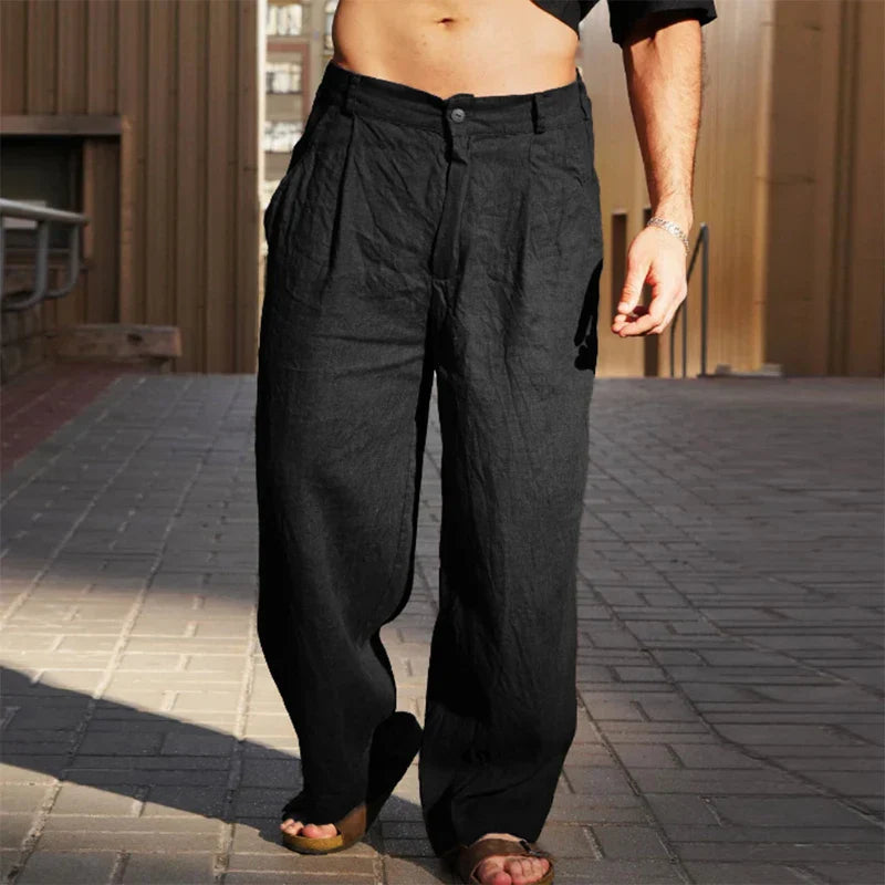 Men's Linen Wide-Leg Trousers, Breathable Relaxed Fit Lightweight Summer Pants