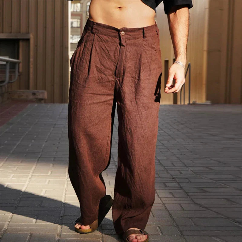 Men's Linen Wide-Leg Trousers, Breathable Relaxed Fit Lightweight Summer Pants