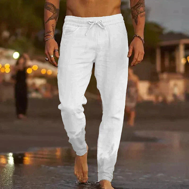 Men's Linen Beach Trousers, Relaxed Fit Elastic Waist Lightweight Summer Pants