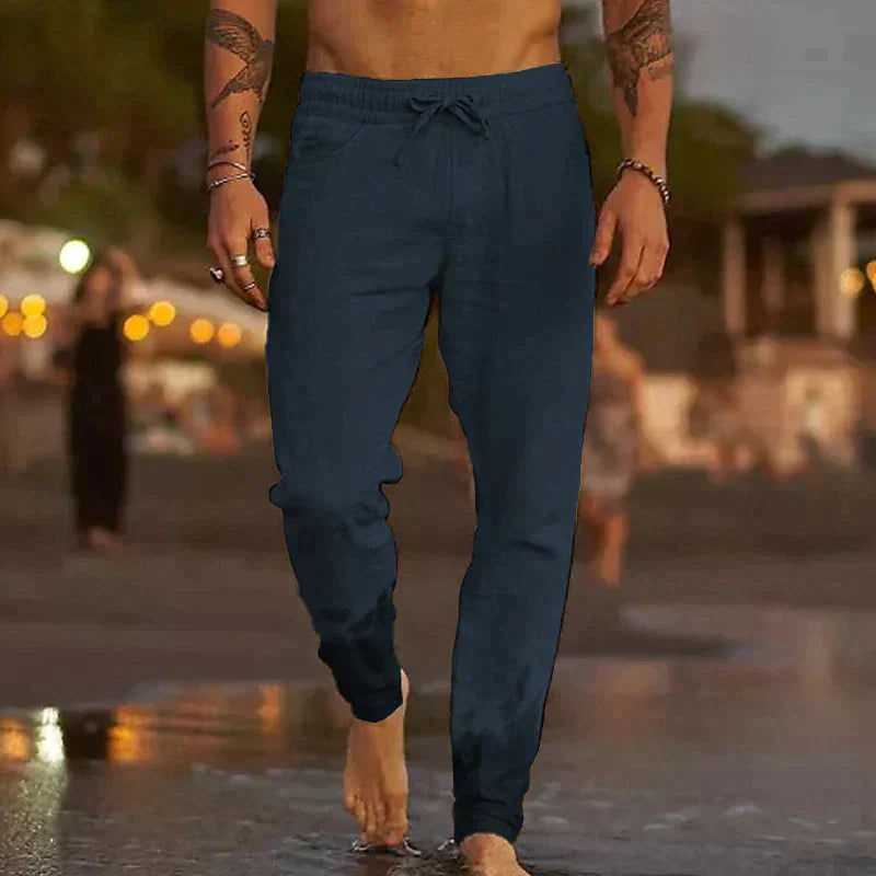 Men's Linen Beach Trousers, Relaxed Fit Elastic Waist Lightweight Summer Pants