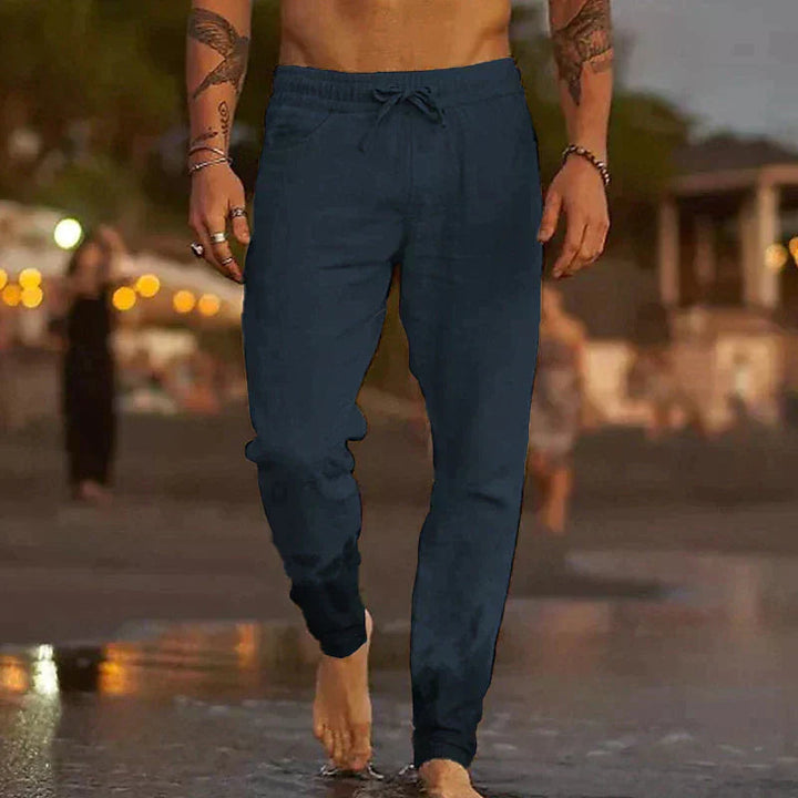 Men's Linen Beach Trousers, Relaxed Fit Elastic Waist Lightweight Summer Pants