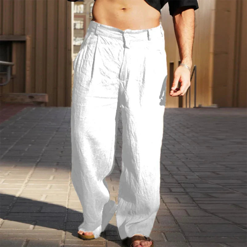 Men's Linen Wide-Leg Trousers, Breathable Relaxed Fit Lightweight Summer Pants