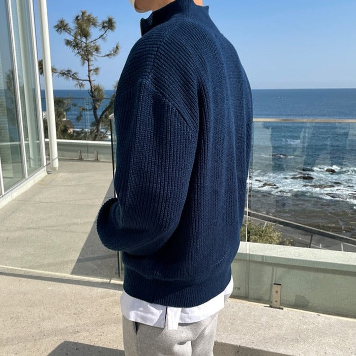 Men's ribbed half-zip sweater with stand collar
