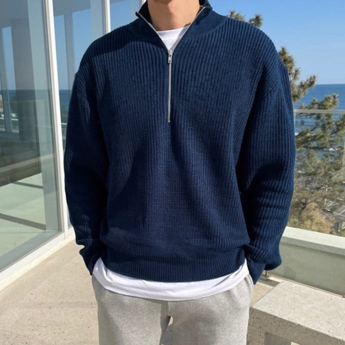 Men's ribbed half-zip sweater with stand collar