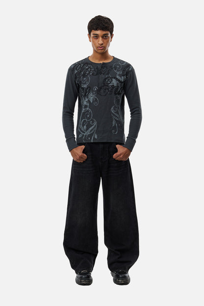 Men's dark grey long-sleeve Henley top with abstract scroll pattern