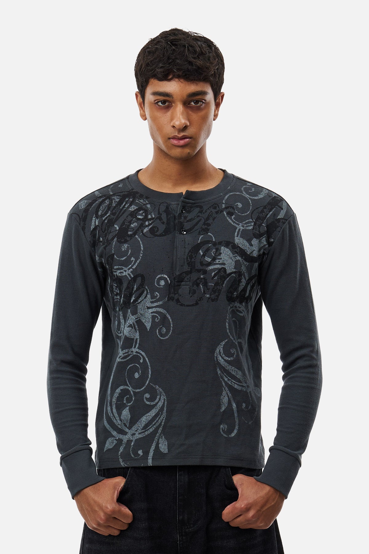 Men's dark grey long-sleeve Henley top with abstract scroll pattern