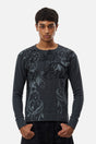 Men's dark grey long-sleeve Henley top with abstract scroll pattern