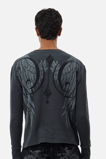 Men's dark grey long-sleeve Henley top with abstract scroll pattern
