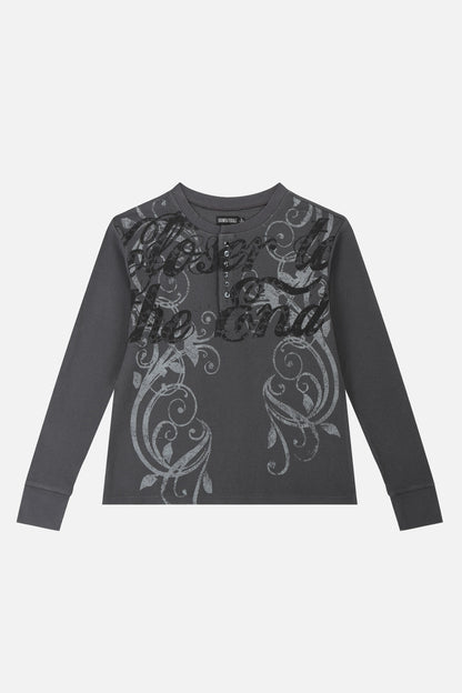 Men's dark grey long-sleeve Henley top with abstract scroll pattern