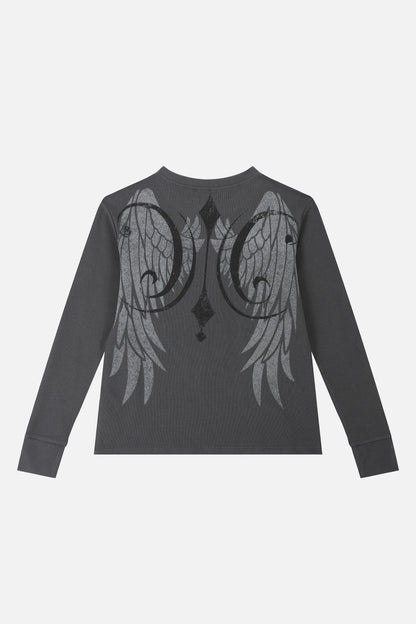 Men's dark grey long-sleeve Henley top with abstract scroll pattern