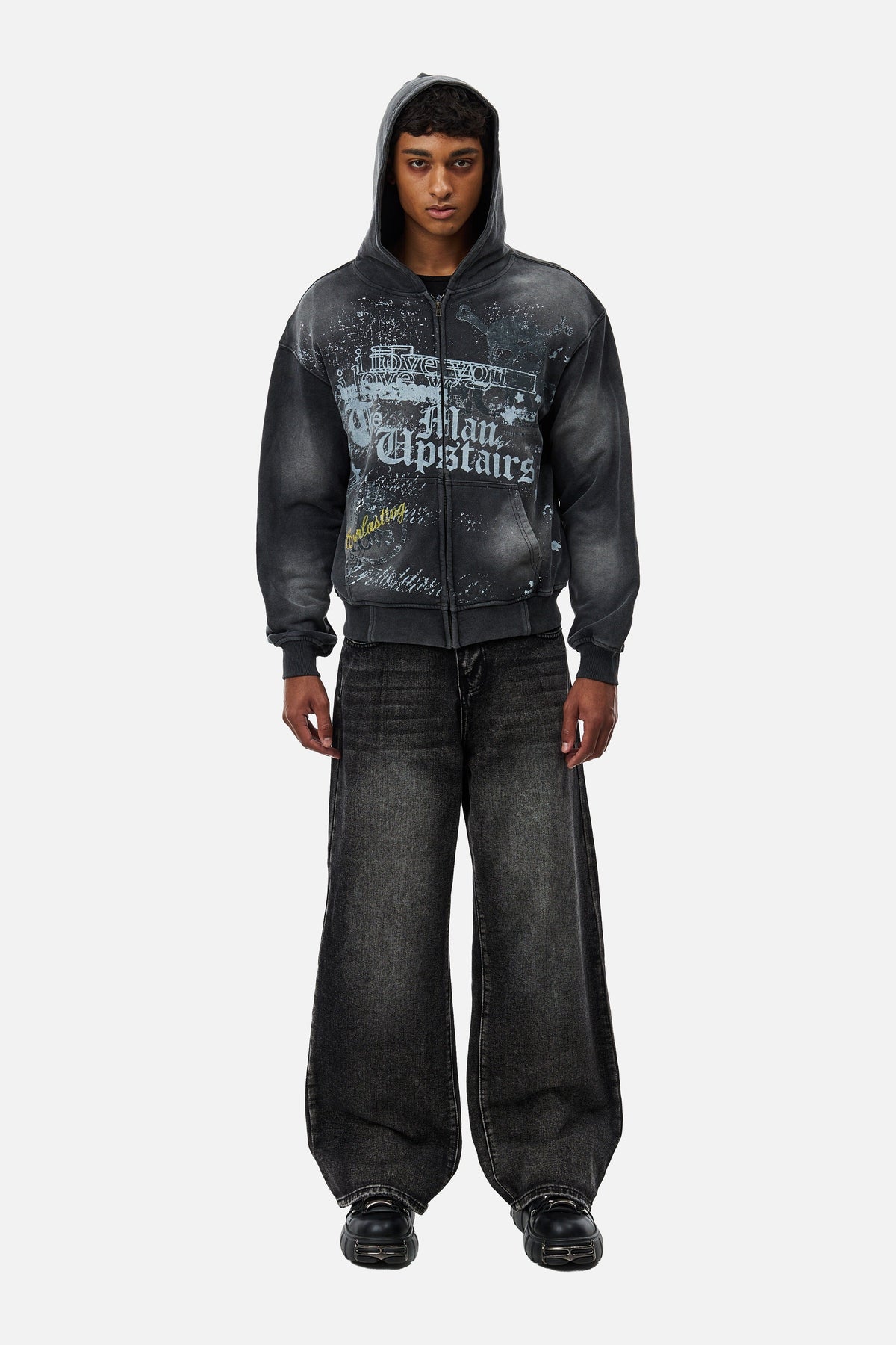 Men's dark grey graphic zip-up hoodie with hood and front kangaroo pocket